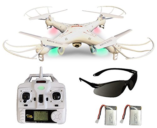 Syma X5C Explorer (Forscher) Weiße Deutsche AGETECH® GmbH Sonder-Edition mit Zusatz-Akku und HD Kamera mit Tonaufzeichnung – 3D Quadrocopter Drohne, mit Motor-STOPP-Funktion, Akku-Warner, 360° Flip Funktion, 2.4 GHz, 4-Kanal, 6-AXIS Stabilization System und mit der AGETECH® SafeFly Sonnenbrille